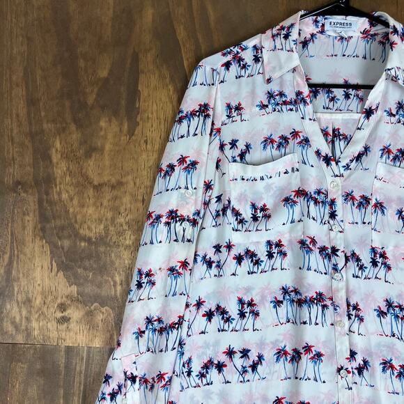 Express Womens Blouse White Palm Tree Portofino V Neck Button Down Sheer M - Picture 4 of 12